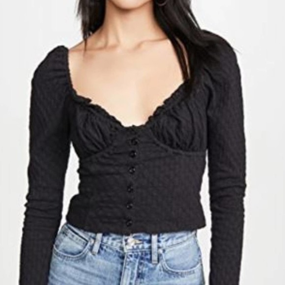 Free People Tops - Free People Neutral Black Sweetheart Neck Long Sleeve Cropped Shirt Medium